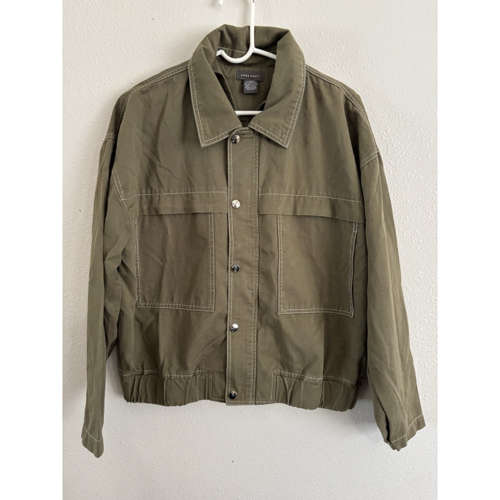 Sans Souci Womens L Olive Green Utility Jacket Contrast Stitch Snap Front